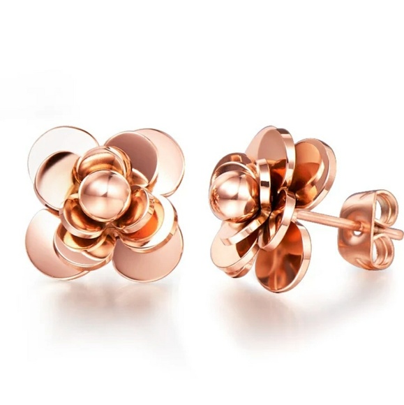 Jewelry - Camellia Rose gold stainless steel stud earrings.